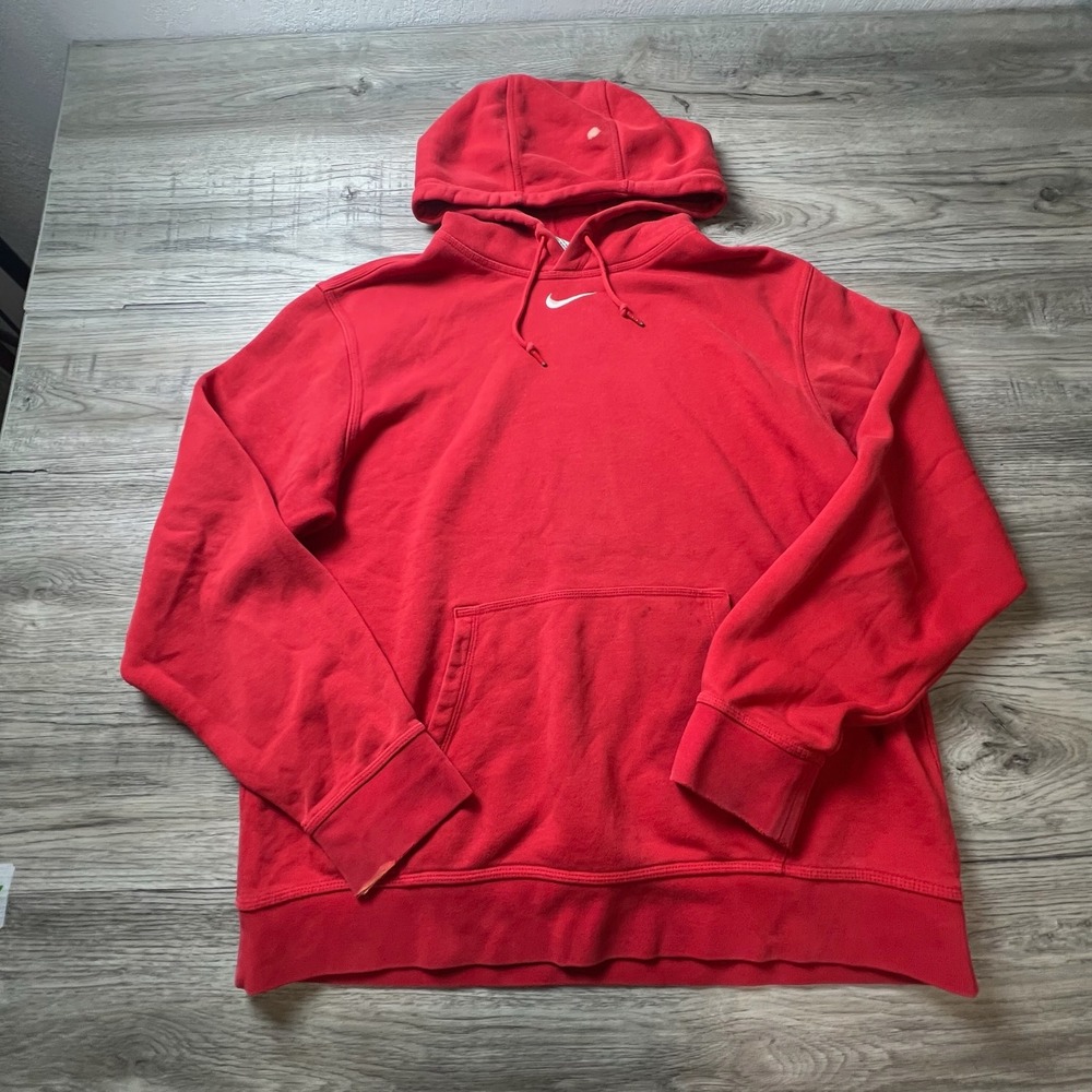 Nike Swoosh Hoodie Mens Large Red Pullover Fleece Sweatshirt Logo 806671-657